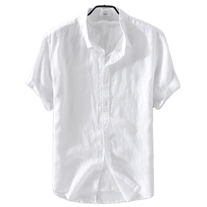 <span class=keywords><strong>Camicia</strong></span> <span class=keywords><strong>Bianca</strong></span> in <span class=keywords><strong>Lino</strong></span> da <span class=keywords><strong>Uomo</strong></span> Traspirante Comoda Formale con Colletto alla Coreana Maniche Corte per la Stagione Estiva - Product Image 1