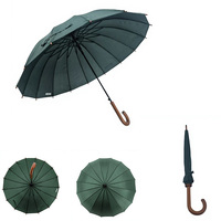 Parapluie long vert foncé à 16 baleines, semi-automatique et coupe-vent, avec poignée en imitation bois, idéal pour les professionnels (vente en gros)