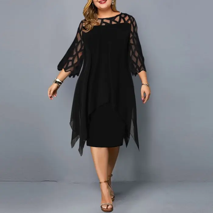 Plus Size Dresses Summer Lace Mesh Sexy Elegant Midi Party Dress Loose Long Sleeve Women's Clothing 4XL 5XL 6XL