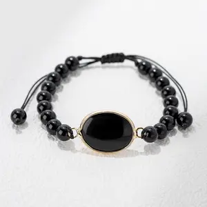 Wholesale adjustable natural crystal bead bracelet bangle custom make silver gold gemstone designer charm black onyx bracelet