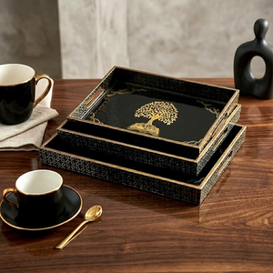 Luxury Black and Gold Decorative Serving Trays Set with Tree of Life Design Handcrafted Vanity Tray Coffee <b>Table</b> Décor Gift Tray - Product Image 2
