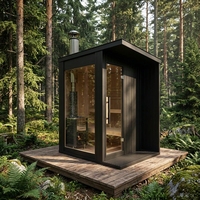 Sauna Luar Ruangan Desain Modern Kubik Inframerah Jauh Uap Kering 9KW Jendela Kaca Panoramic Tungku Kayu Tradisional Hemlock Portabel