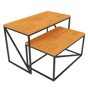 Mesa de anidación minimalista de estilo italiano, mesa de madera de roble, con marco de metal, rústica, cuadrada, para sala de estar, juego de mesas de centro