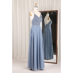 Bụi Màu Xanh Vải Tuyn Đêm Đảng Satin Ăn Mặc Hiện Đại V Không Tay Sang Trọng Voan Trang Phục Chính Thức Dài Đính Cườm Mô Hình Thiết Kế Buổi Tối - Product Image 2