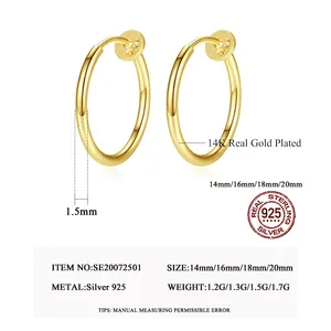 CZCITY 14K Gold Plated Sterling Silver Huggie Earrings Girl Circle Smooth Simple S925 Hoop Earrings Dainty Wear