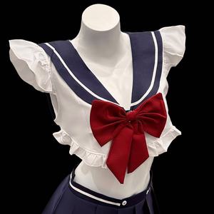 Man Yu Sailor Suit Lingerie <b>Red</b> <b>Bow</b> Exposed Waist Pleated Mini Skirt Pure and Sweet Preppy Style Set 9523 - Product Image 2