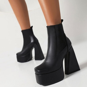 Size 46 for Big Feet Women Short Ankle Boots High <b>Block</b> Heels Platform Mirror Patent Leather Pumps Shoes Square Toe - Product Image 1