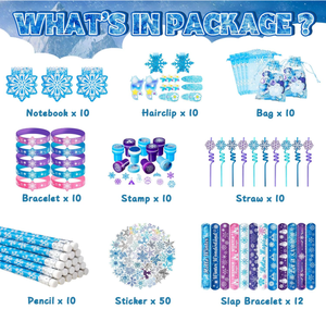 <span class=keywords><strong>Kit</strong></span> de fournitures pour fête sur le thème de la <span class=keywords><strong>neige</strong></span> : Bracelets, tampons, pinces à cheveux, mini-carnets, crayons, pailles, autocollants, jouets, cadeaux, sacs de friandises - Product Image 6