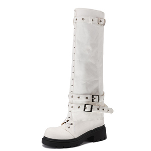 Custom Removable Upper Women Thick Sole Knee High <b>Boots</b> Lace up Square Heels Causal Denim Shoes Round Toe Rivets Decor Pumps - Product Image 6