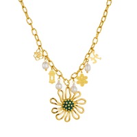 Collier Charme Jardin Fantaisiste en Acier Inoxydable Plaqué Or PVD 18K avec Perles Marguerites et Breloques Cage à Oiseaux pour un Style Quotidien Ludique