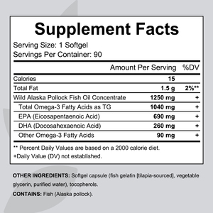 Olio di Pesce Omega <span class=keywords><strong>3</strong></span> Personalizzabile per Nutrizione Sportiva 1000mg 1250mg, Concentrato Naturale di EPA DHA da Pollock Selvaggio dell'Alaska in Capsule Softgel - Product Image 5