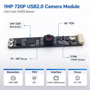 Module de caméra USB2.0 1MP 720P, capteur CMOS GC1084, plage dynamique 82dB, champ de vision diagonal 60 degrés, MJPEG YUY2, mini module de caméra USB embarqué - Product Image 1