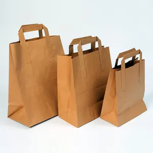 牛皮纸袋带手柄打印回收杂货店购物外卖食品包装棕色食品包装手长手柄接受