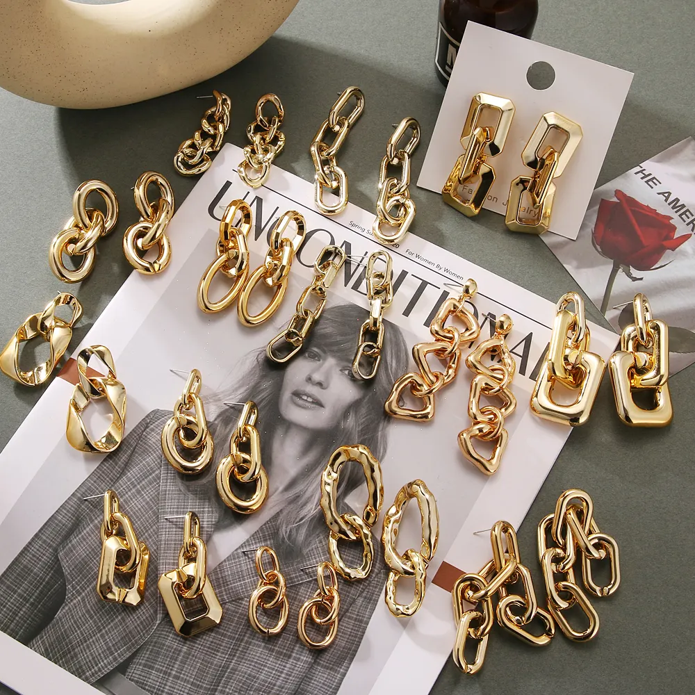 KISSWIFE Geometric Thick Chain Drop Earrings for Women Long Punk Acrylic Golden Chain Link Long Dangle Earrings