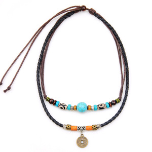 Collana di gioielli con ciondolo in pelle stile BOHO turchese pendente a moneta WDN015 - Product Image 1