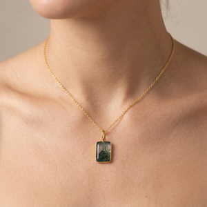 Geometric natural stone moss agate pendant necklace bezel set 18k gold plated minimalist charms jewelry brass chain necklace - Product Image 3