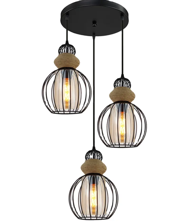 Lâmpada de ferro E27 para decoração de casa, luminária pendente moderna para cozinha, lâmpada pendente para hotel com corda de cânhamo (0195/3P)