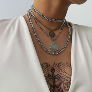 Toptan Punk çok katmanlı Curb küba tıknaz kalın portre gerdanlık kolye kadınlar Vintage oyma sikke kolye takı - Product Image 6