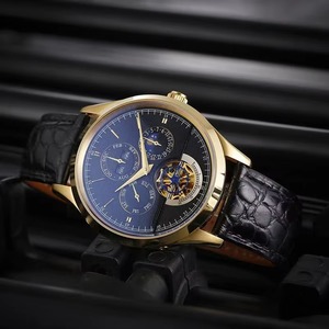 Montre pour homme haut de gamme, best-seller, squelette, tourbillon, calendrier perpétuel, phase de lune, cristal saphir, boîtier en or rose, cadran bleu profond - Product Image 1