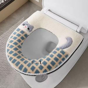 Toilet Seat Cover Blue Plaid Cat Design Thickened Waterproof For Autumn Winter Use - Product Image 1