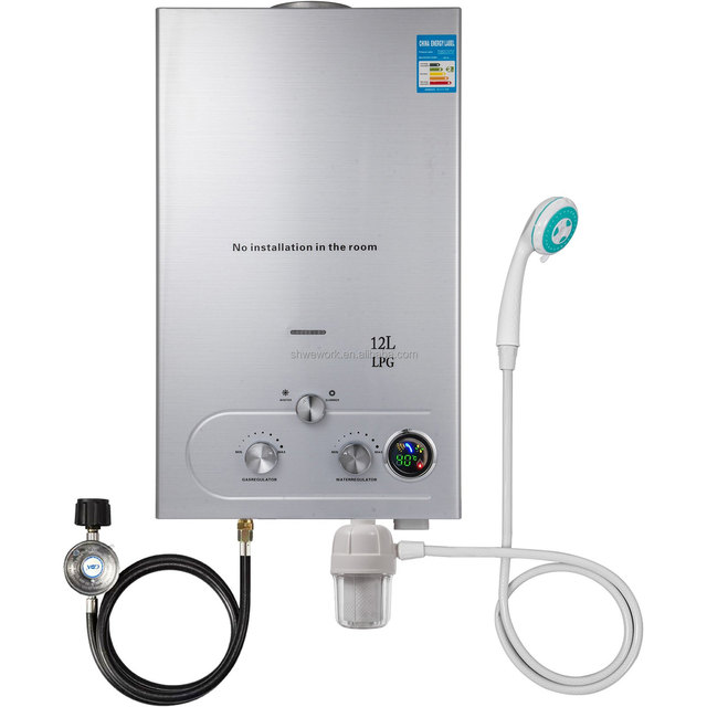 WeWork 12L LPG/LNG Gas Water Heater with Water Filter and Propane Gas Regulator & Hose Instant Tankless Gas Water Heater