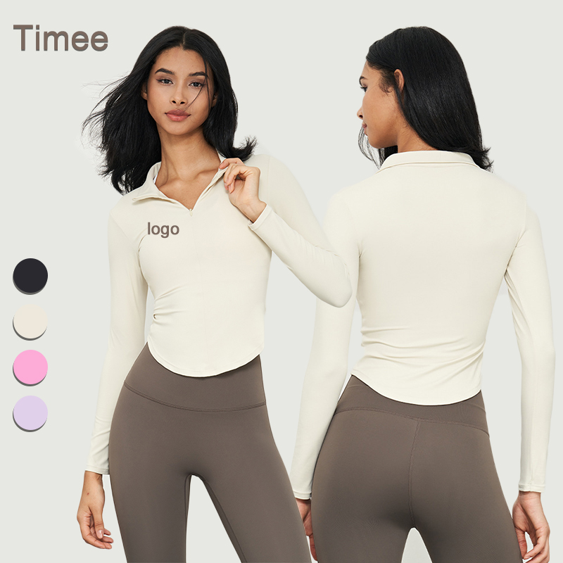 Running Fitness Half Zipper Sports Long Sleeve Collar Yoga T-shirt Women Waist Slimming Bottom Fitness Top