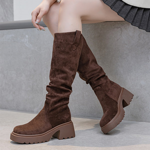Women's Below-Knee Long Boots, 2026 New Tassel Ruched Slouchy Boots <b>Block</b> Heel Woven Mid-Calf Rider Boots - Product Image 4