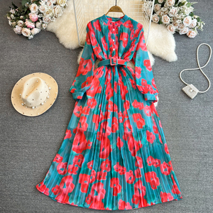 Retro Style Long Sleeved With Waistband and Slim A-line Printed Pleated Dress Elegant Large Hem Long Skirt - Product Image 2