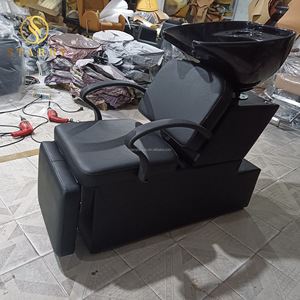 Colocar muebles de salón de cuero negro lavado de cabello Unidad de retrolavado lavabo peluquería lavabo Silla de champú - Product Image 1