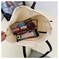 Sac fourre-tout en toile de coton pour femme avec poignées en cuir PU, personnalisable avec lettres et boutons, idéal pour le shopping