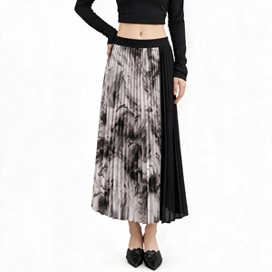 Pleated Midi <b>Skirt</b> Women <b>Elastic</b> <b>Waist</b> Digital Print Chiffon Mesh Ankle-Length Black Gray Pattern Soft All Seasons Wear - Product Image 1
