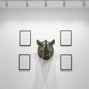 Sculpture <span class=keywords><strong>de</strong></span> tête <span class=keywords><strong>de</strong></span> rhinocéros en métal creux <span class=keywords><strong>de</strong></span> taille réelle, gravée sur mesure, décoration murale intérieure, art antique - Product Image 2