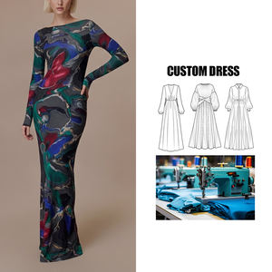 <span class=keywords><strong>Abito</strong></span> Lungo Estivo su Misura con Collo <span class=keywords><strong>a</strong></span> <span class=keywords><strong>Barca</strong></span>, Stile Vintage, Stampa, Maniche Lunghe, Slim Fit, per Vacanze - Product Image 1