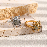 Bague tendance pour femme en acier inoxydable plaqué or 18 carats, motif scarabée en aventurine grise, style niche Europe et Amérique