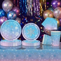 Ensemble de vaisselle jetable pour fête sur le thème des flocons de neige d'hiver, assiettes en papier bleu dégradé, gobelets, serviettes, nappe, thème Frozen, anniversaire d'enfants