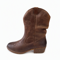 Bottes de cowboy western marron pour femme en cuir véritable, mi-mollet, bout rond, à enfiler, brodées, style rétro country