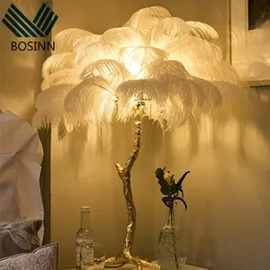 Напольная Лампа с золотистым латунным штативом, домашнее украшение для гостиной, напольные светильники с белыми страусиными перьями