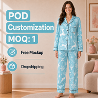 Ensemble de pyjama en satin bleu glacé personnalisé avec motif flocon de neige et col cranté pour femme, POD MOQ 1PC, livraison directe