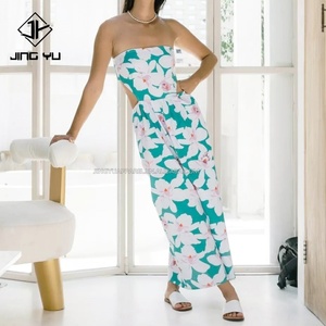 Mono de una Pieza Personalizado OEM, sin Mangas, Holgado, Informal, para Mujer, de Buena Calidad, Moderno, de Pierna Ancha, con Estampado Floral, de Rayón, Estilo Hawaiano - Product Image 1