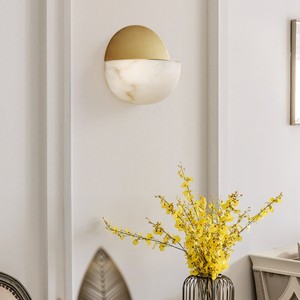 Circular brass <b>LED</b> wall lamp with white plaster finish and warm white <b>light</b>—suitable for indoor living <b>rooms</b> bedrooms and home - Product Image 2