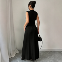 Robe longue plissée élégante pour femme, col montant, sans manches, taille ajustée, coupe trapèze, idéale pour l'été, le bureau ou les occasions décontractées, lavable