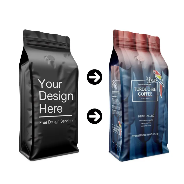 Bolsa de café reutilizable con impresión personalizada, bolsas de café molido, reciclable, 12oz, 250g, 500g, 1kg