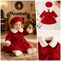 Ensemble manteau et béret rouge pour bébé fille, style automne-hiver, Noël, avec col et poignets fourrés, et nœud à la taille