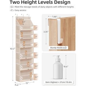 Organisateur suspendu sur porte à 6 étagères avec 14 poches en filet, couleur beige avoine, pour l'organisation et le rangement du placard - Product Image 3