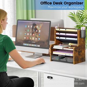 Iron And Wood <b>File</b> Management Rack 6 Layers Desktop Organizer With Drawers Office Supplies <b>Storage</b> Shelf - Product Image 5