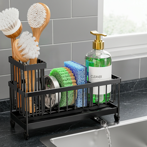 Égouttoir de cuisine métallique à double niveau avec roulettes, support de rangement étanche pour ustensiles, éponges et distributeur de savon - Product Image 5