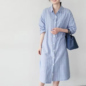 Robe décontractée mi-longue en crêpe à rayures, taille naturelle, manches longues, style navetteur, pour femme, collection printemps-automne, vente en gros - Product Image 3