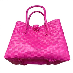 Handmade <b>Hot</b> <b>Pink</b> Woven Plastic Straw Tote <b>Bag</b> Waterproof Reusable Summer Beach Shopping Market Basket Handbag For Women Casual - Product Image 5
