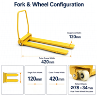 Chariot à palettes manuel simple TLD00834/TLD00835, capacité 270 kg, hauteur de levage 85-145 mm, fourche simple 120 mm, cadre extérieur 420 mm, 800/1100 mm, garantie 1 an