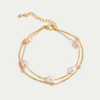 Bijoux de mode personnalisés en acier inoxydable plaqué or 18 carats, bracelet en perles à double rangée, chaîne à perles roses et blanches pour femmes